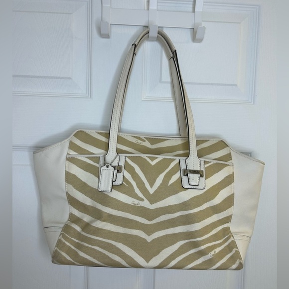 Coach Taylor Carryall Zebra Stripe Leather Canvas LG Satchel Tote F27009 summer - Picture 1 of 16